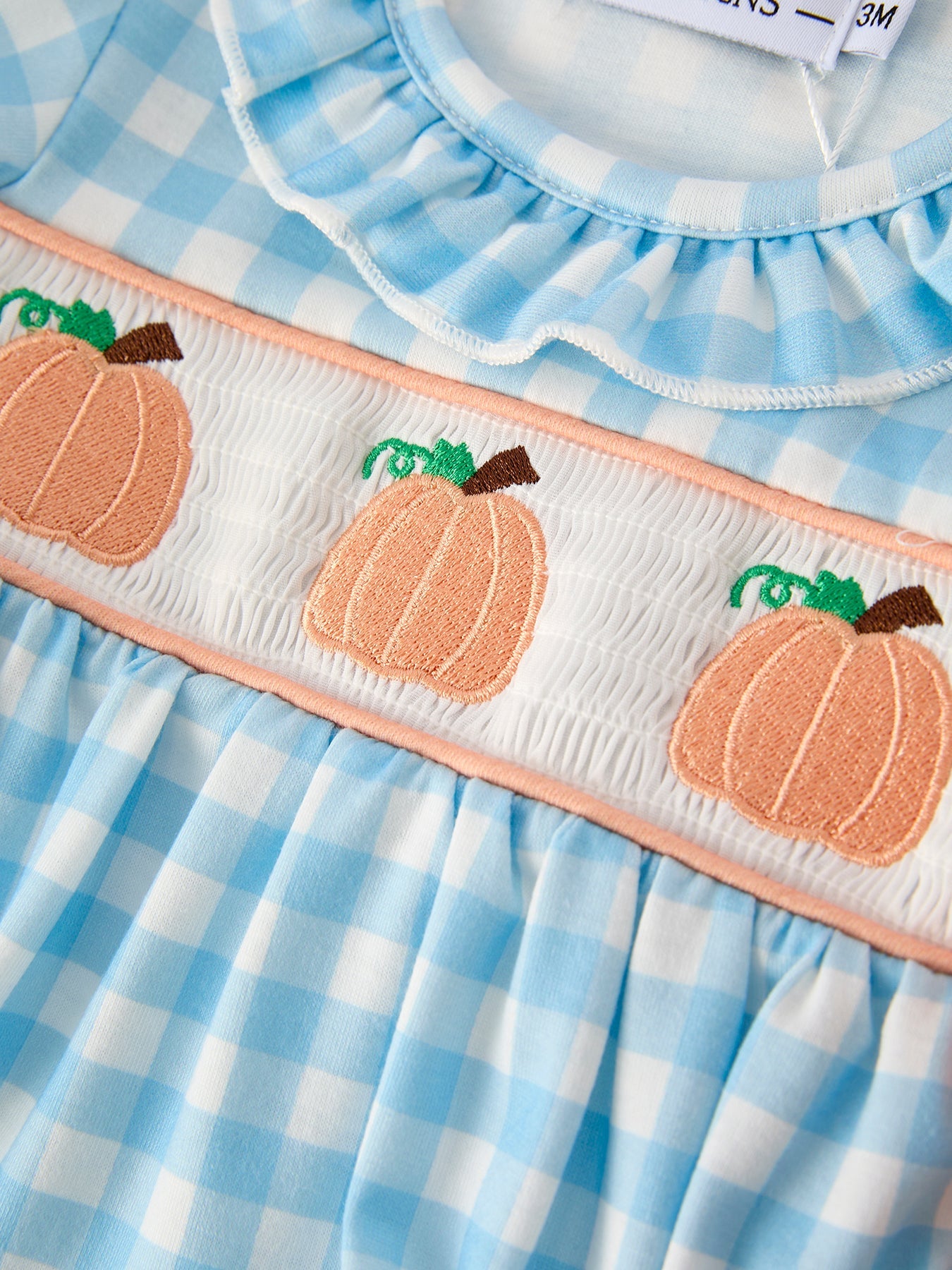 Fall Halloween & Thanksgiving Pumpkin Embroidery Smocking Blue Plaid Romper