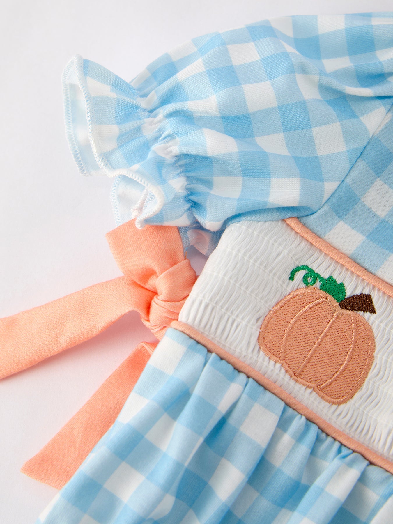 Fall Halloween & Thanksgiving Pumpkin Embroidery Smocking Blue Plaid Romper