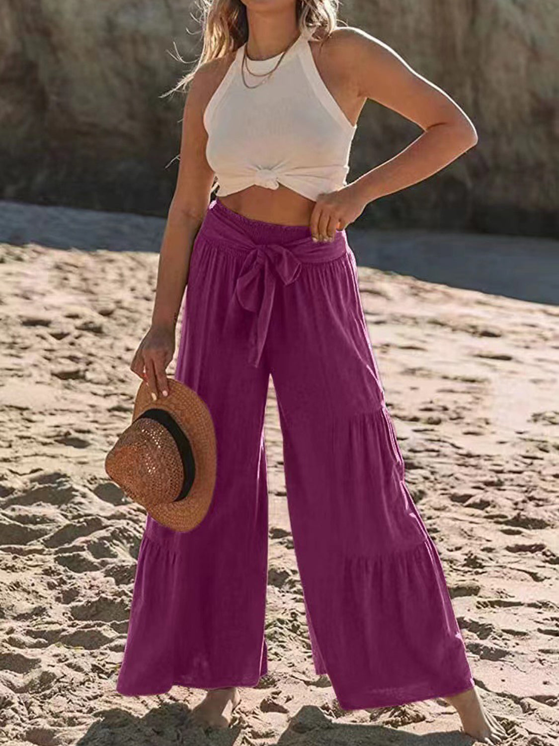 Tied Ruched Wide Leg Pants