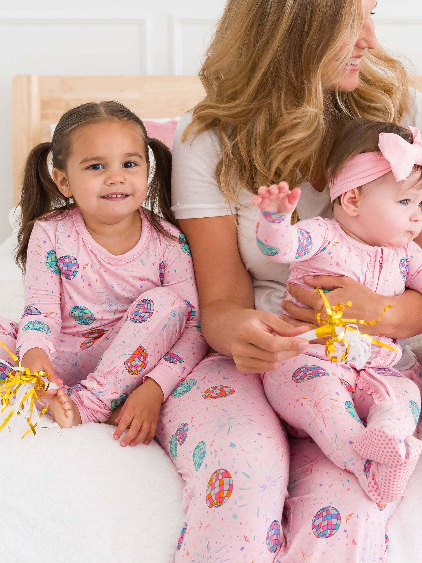 RuffleButts + RuggedButts - Toddler Girls Pink Happy New Year Bamboo Viscose Ruffle Long Sleeve Pajama Set