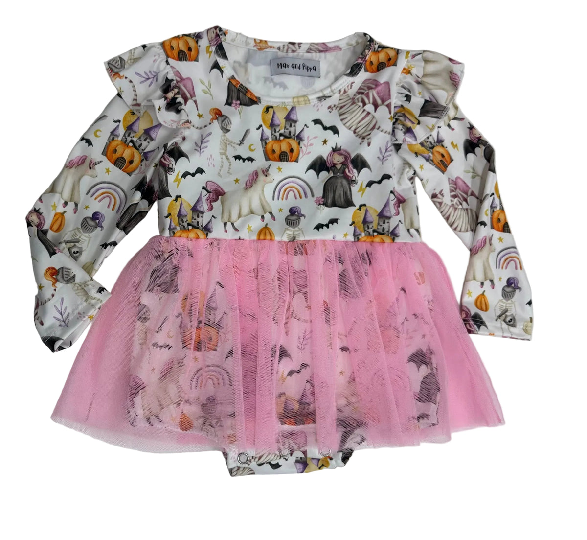 A baby girl's long-sleeve romper with a white base covered in a colorful Halloween print of pumpkins, witches, bats, and rainbows, featuring a bright pink tulle tutu skirt.