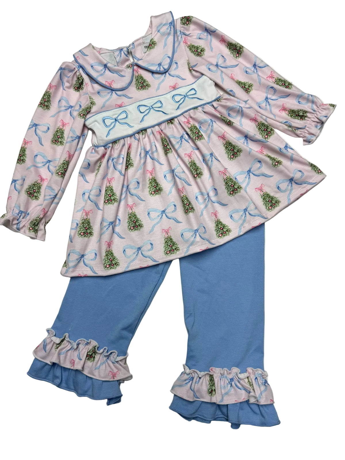 Max and Pippa | Coquette Bow Christmas Two Piece Embroidered Ruffle Pants Set