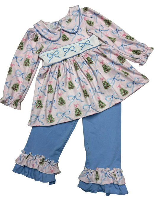 Max and Pippa | Coquette Bow Christmas Two Piece Embroidered Ruffle Pants Set