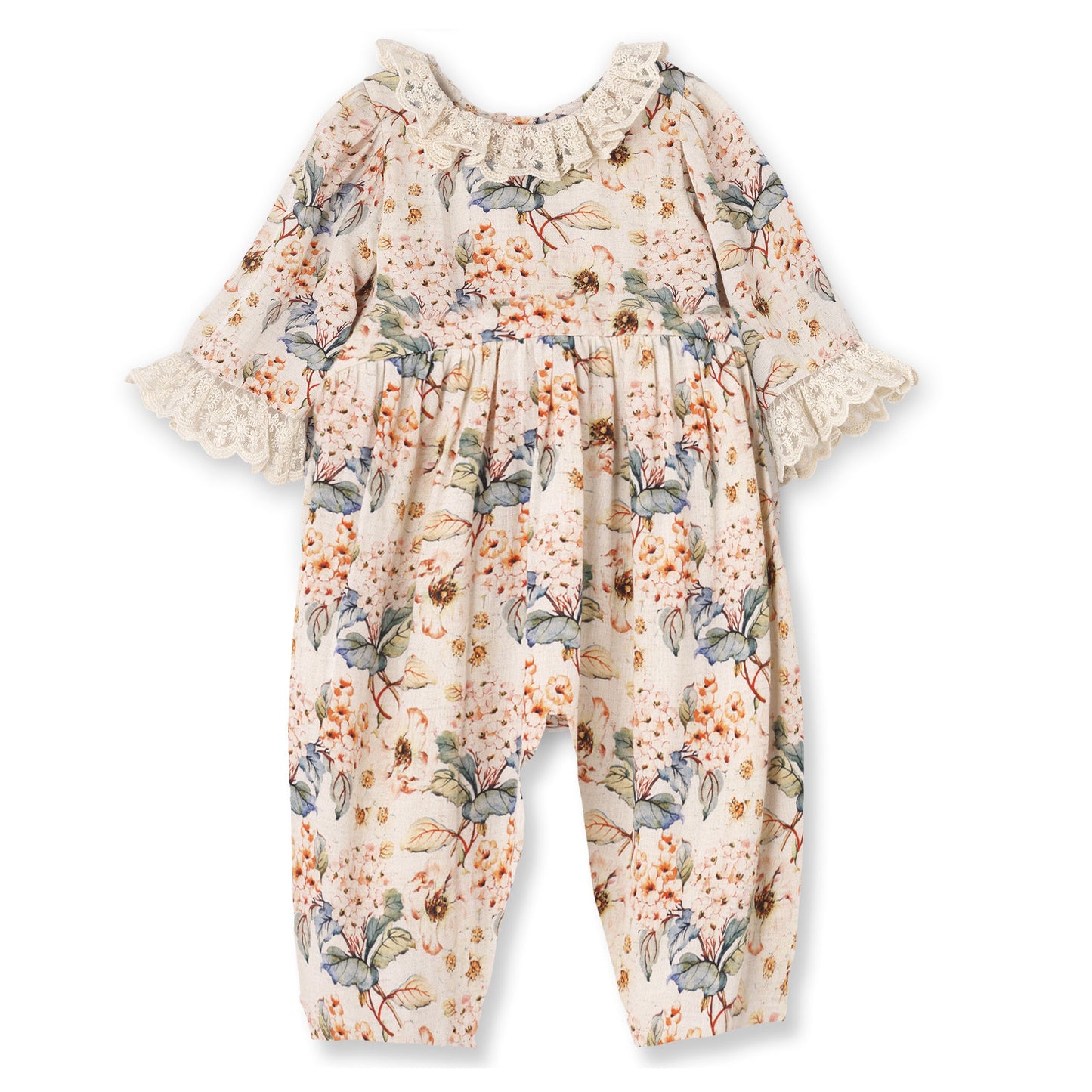 Linen Vintage Floral Romper with Lace Accents