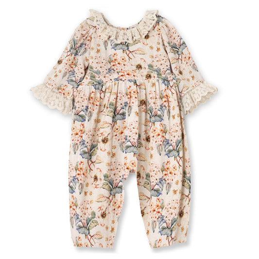 Linen Vintage Floral Romper with Lace Accents