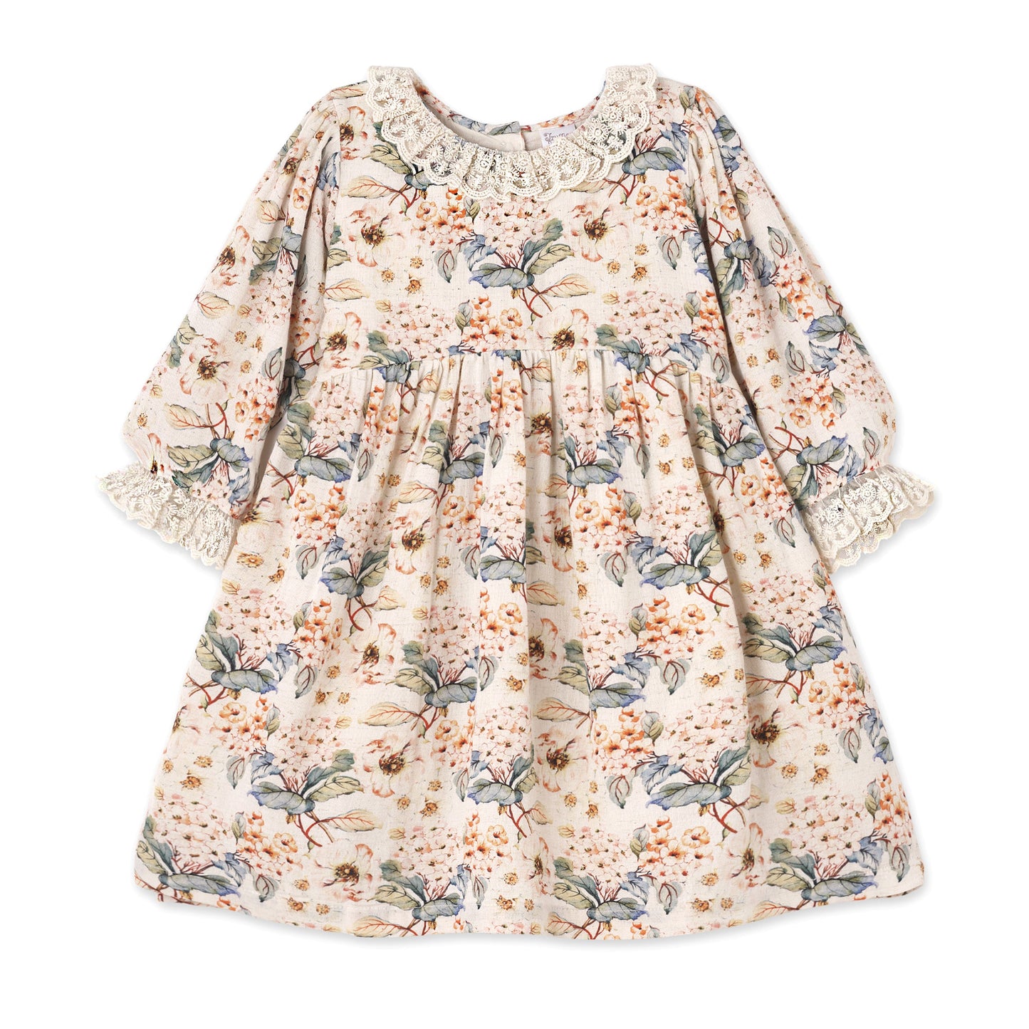 Linen Vintage Floral Dress with Lace Accents