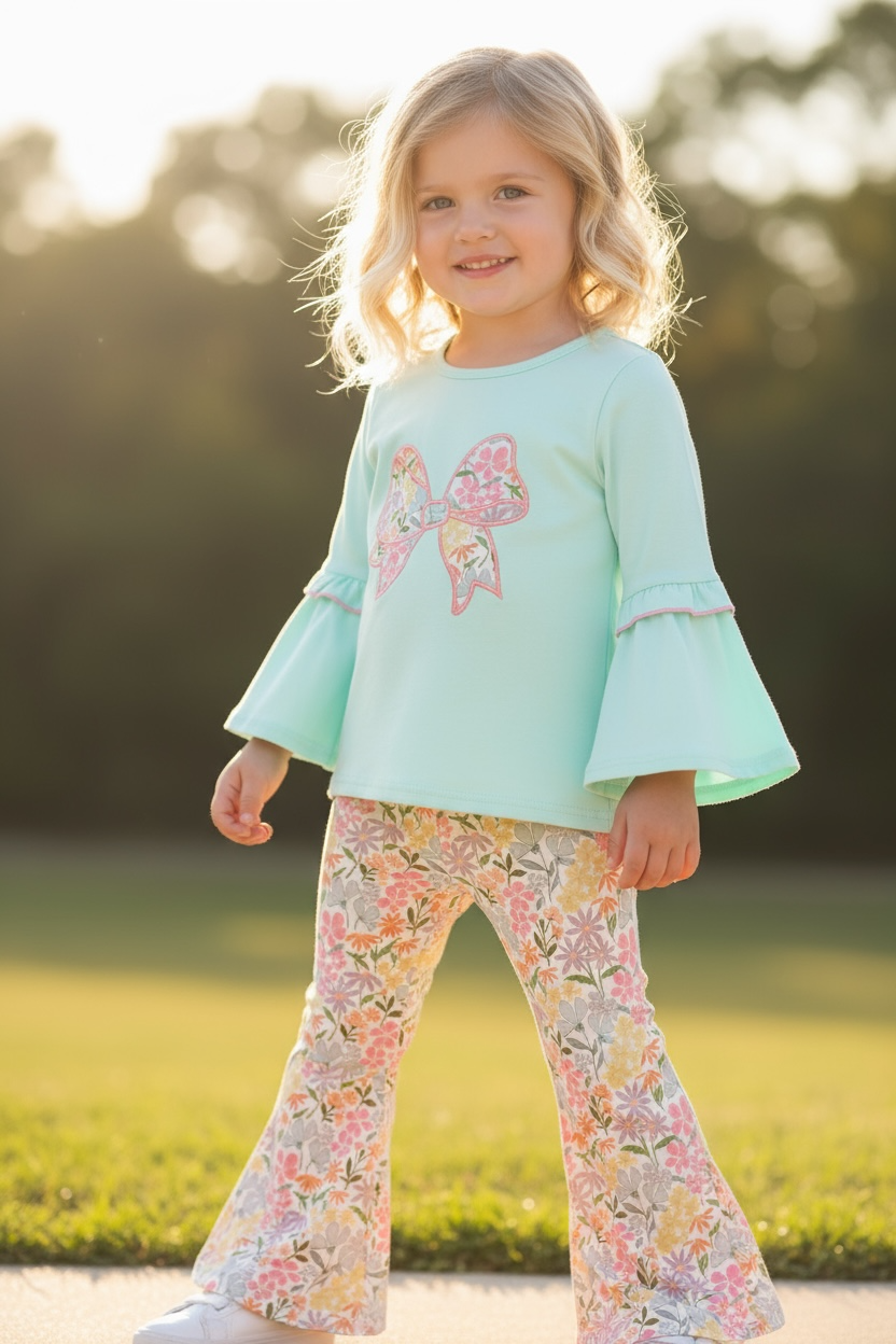 Max and Pippa - Blue Bow Floral Applique Two Piece Set
