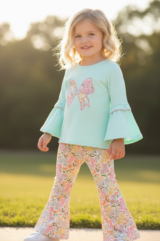 Max and Pippa - Blue Bow Floral Applique Two Piece Set