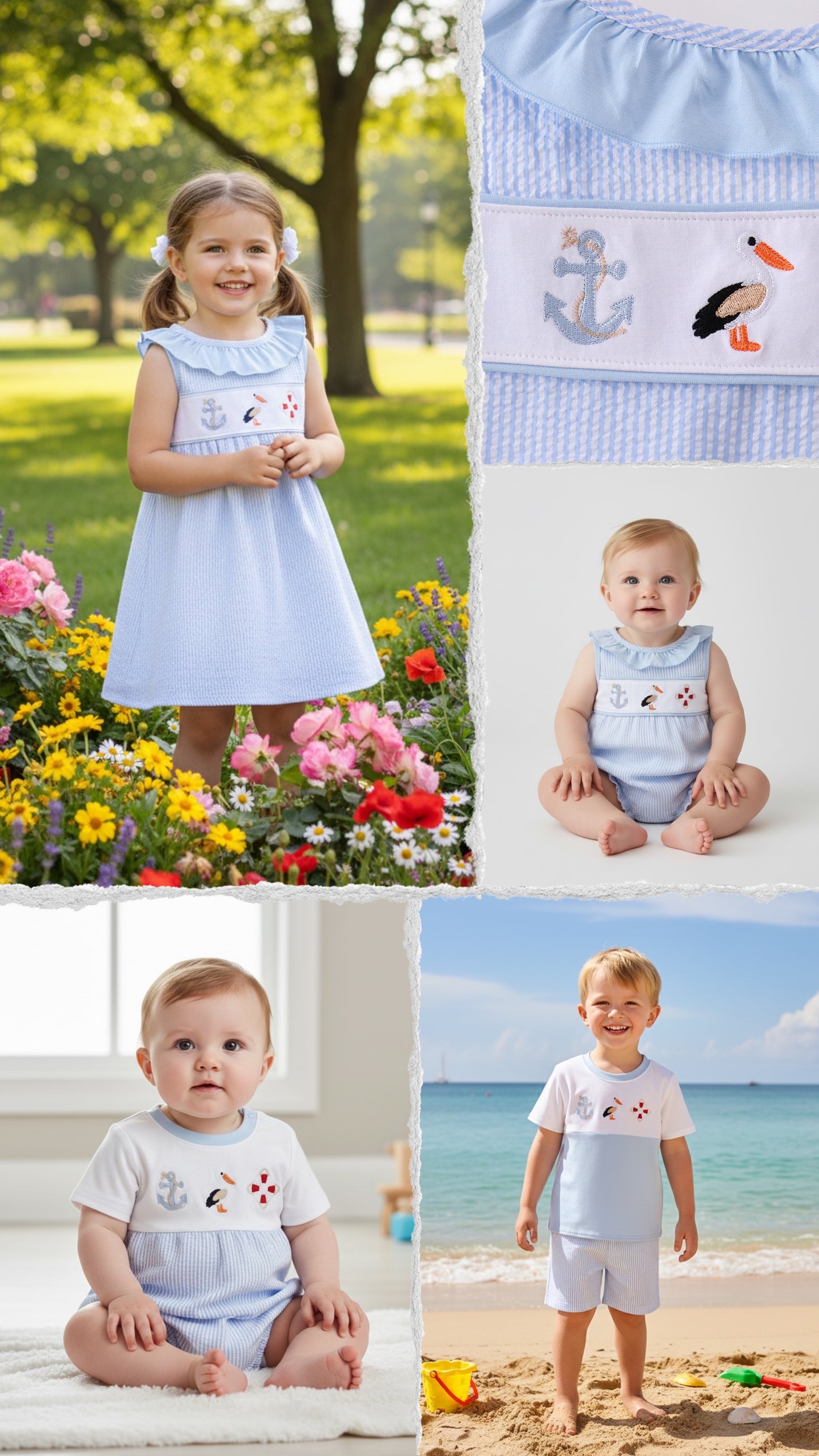 Abby & Evie - Blue Nautical Trio Embroidery Ruffle Dress