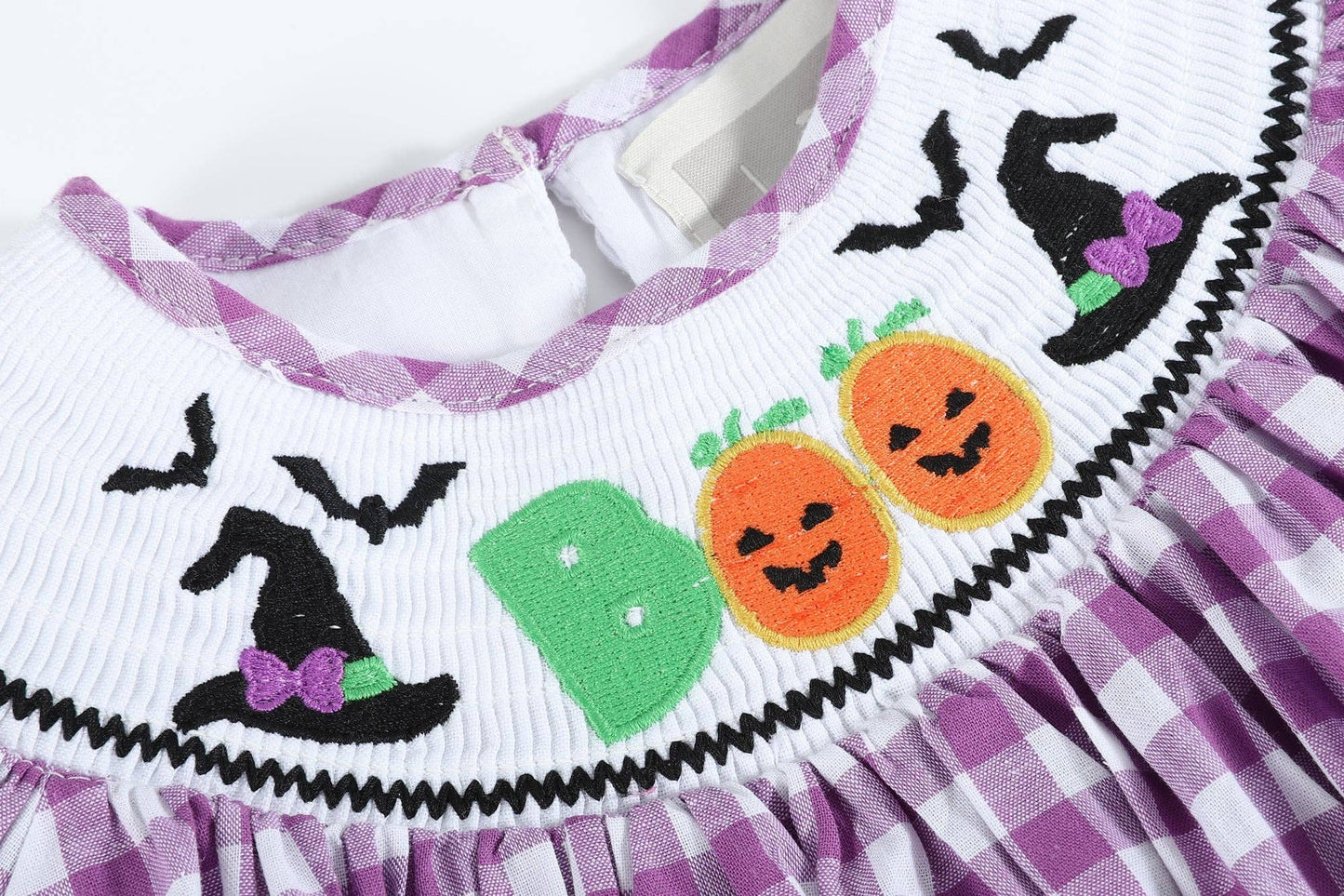 Lil Cactus - Purple Gingham Halloween Boo Smocked Bishop Dress