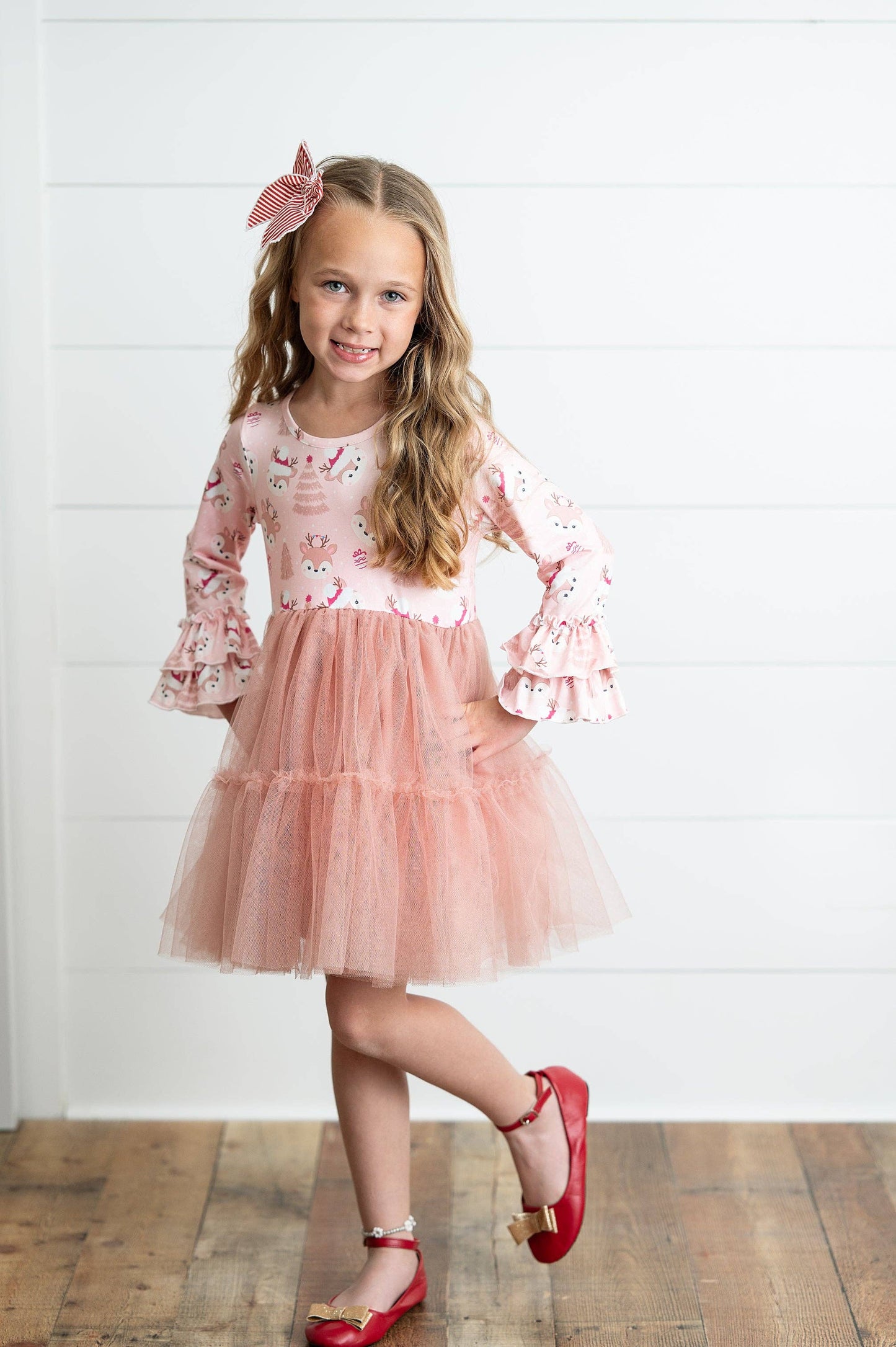 Adorable Sweetness - Kids Pink Reindeer Tulle Ruffle Sleeve Holiday Dress