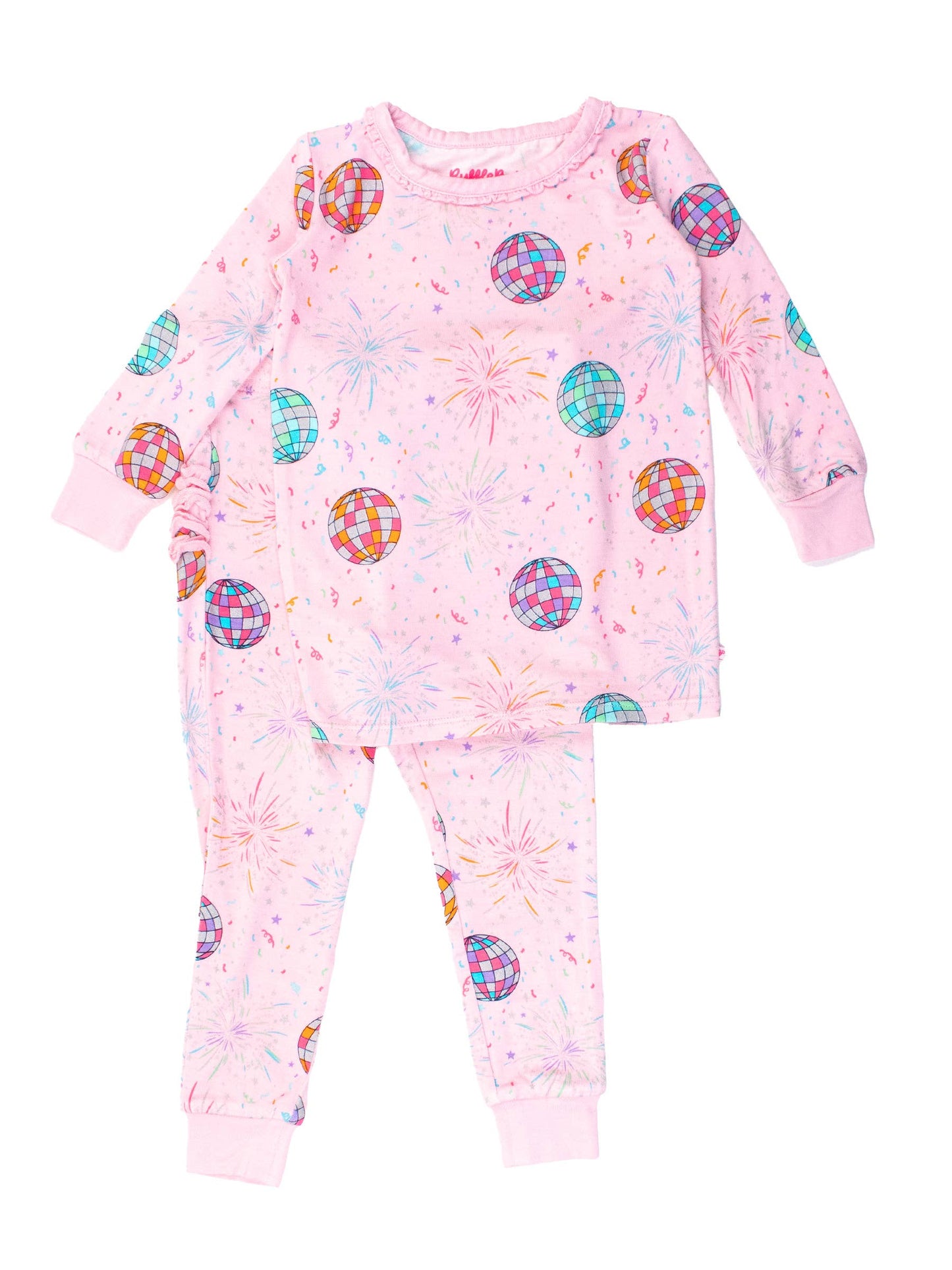 RuffleButts + RuggedButts - Toddler Girls Pink Happy New Year Bamboo Viscose Ruffle Long Sleeve Pajama Set