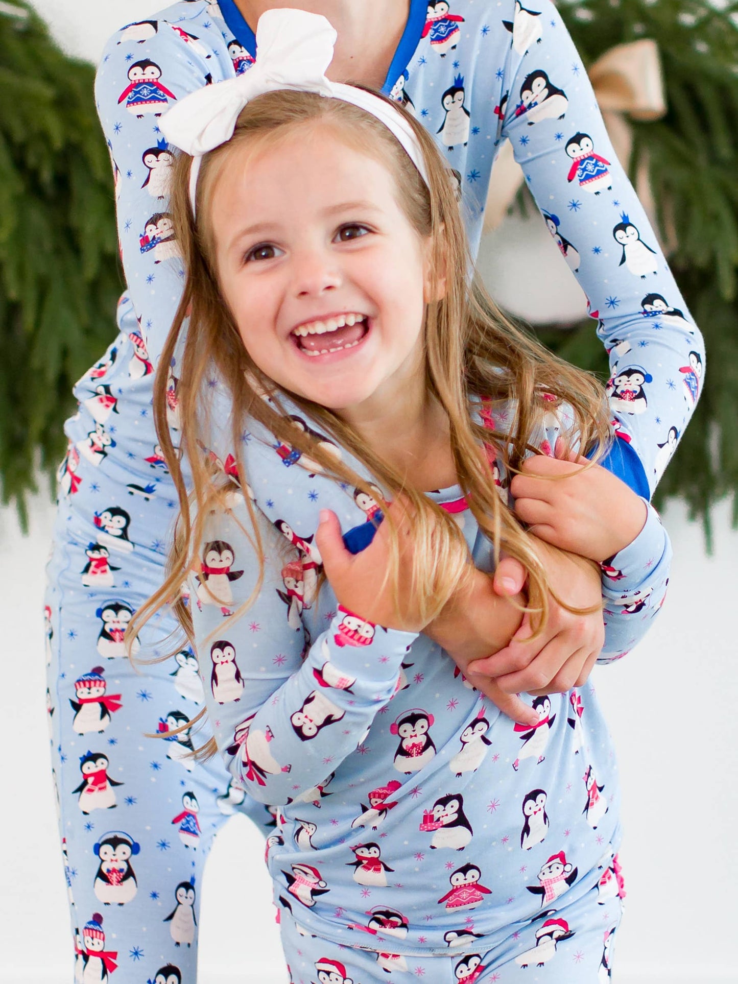 RuffleButts + RuggedButts - Toddler Girls Pink Penguin Party Bamboo Viscose Ruffle Long Sleeve Pajama Set