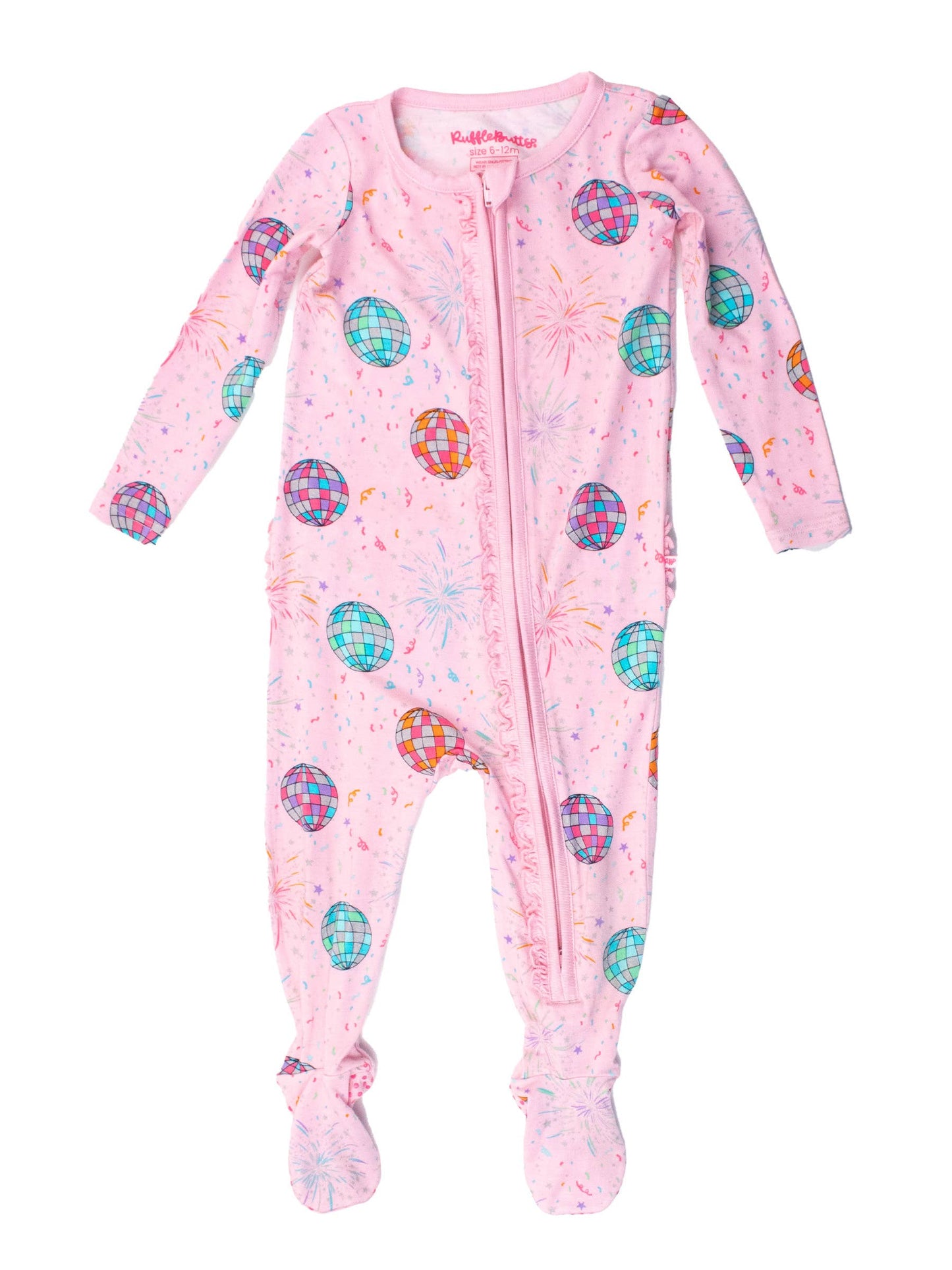 RuffleButts + RuggedButts - Baby Girls Pink Happy New Year Bamboo Viscose Footed Ruffle One Piece Pajama