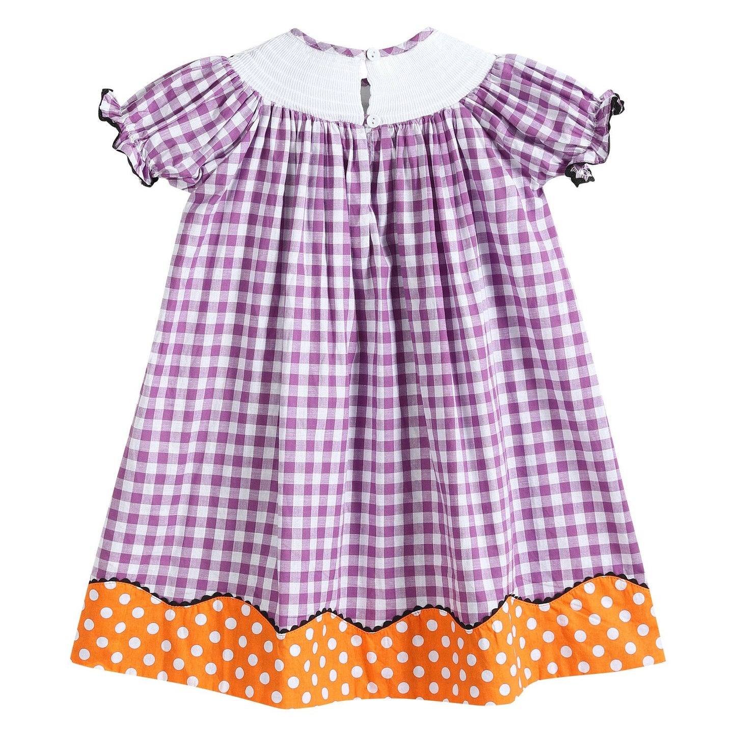Lil Cactus - Purple Gingham Halloween Boo Smocked Bishop Dress
