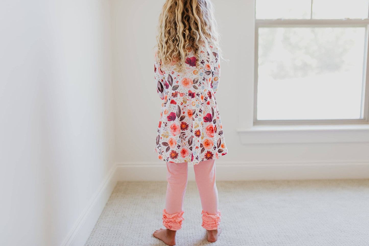 Adorable Sweetness - Kids Peach Floral Ruffle Button Two Piece Fall Pant Set