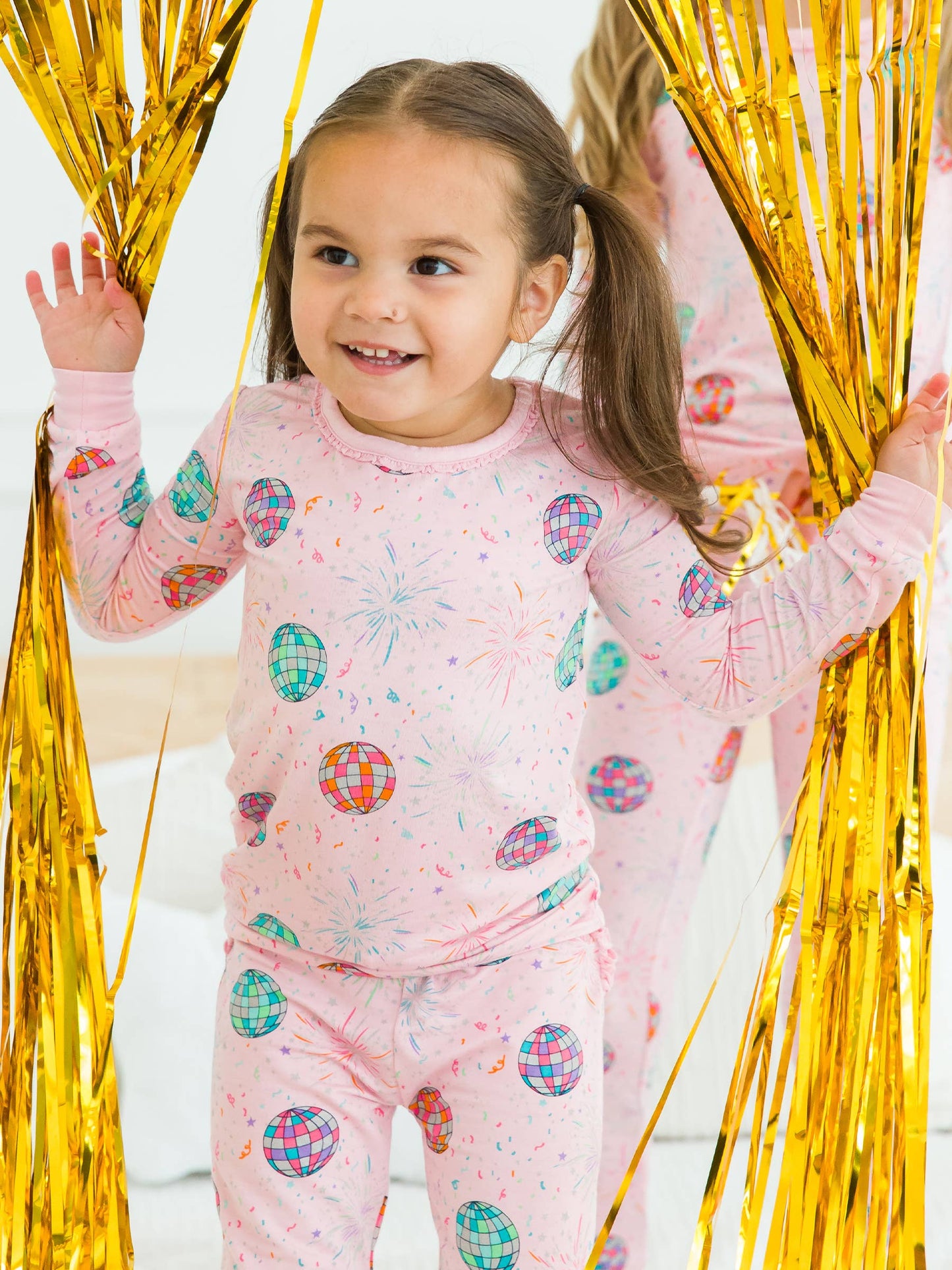 RuffleButts + RuggedButts - Toddler Girls Pink Happy New Year Bamboo Viscose Ruffle Long Sleeve Pajama Set