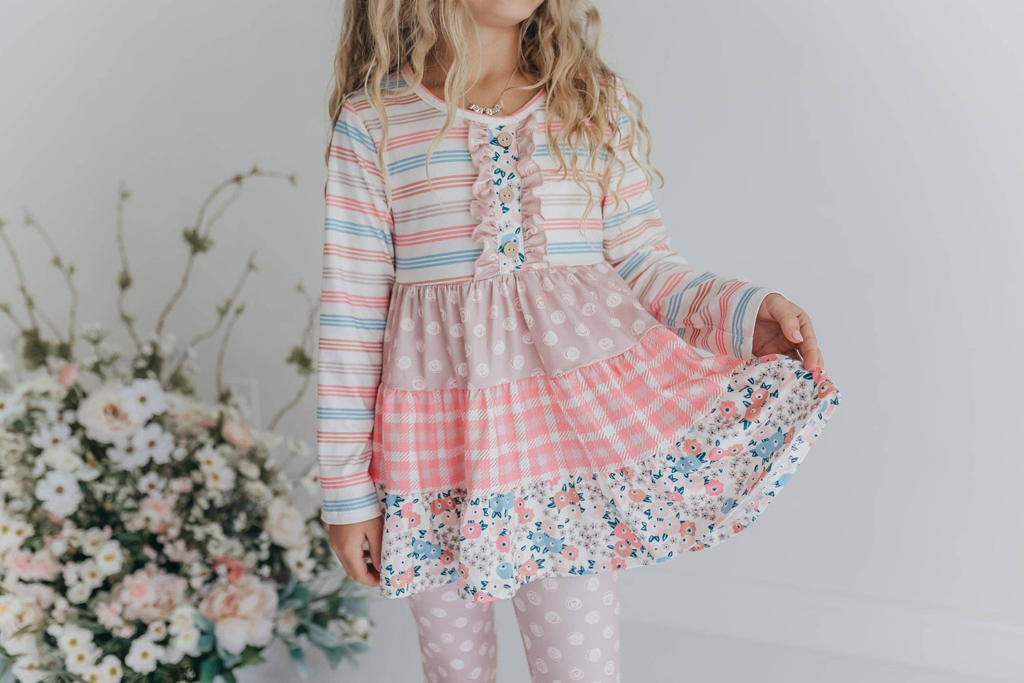 Adorable Sweetness - Girls Sand Floral 3 Tiered Fall Ruffle Button Legging Set
