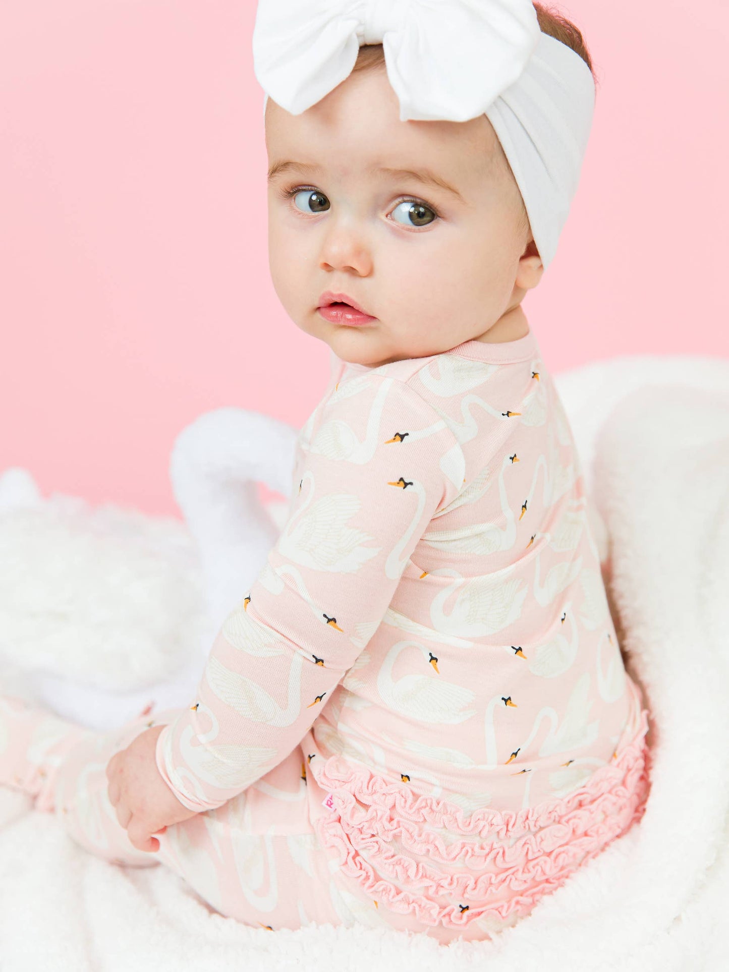 RuffleButts + RuggedButts - Baby Girls Swan Lake Dream Bamboo Viscose Footed Ruffle One Piece Pajama