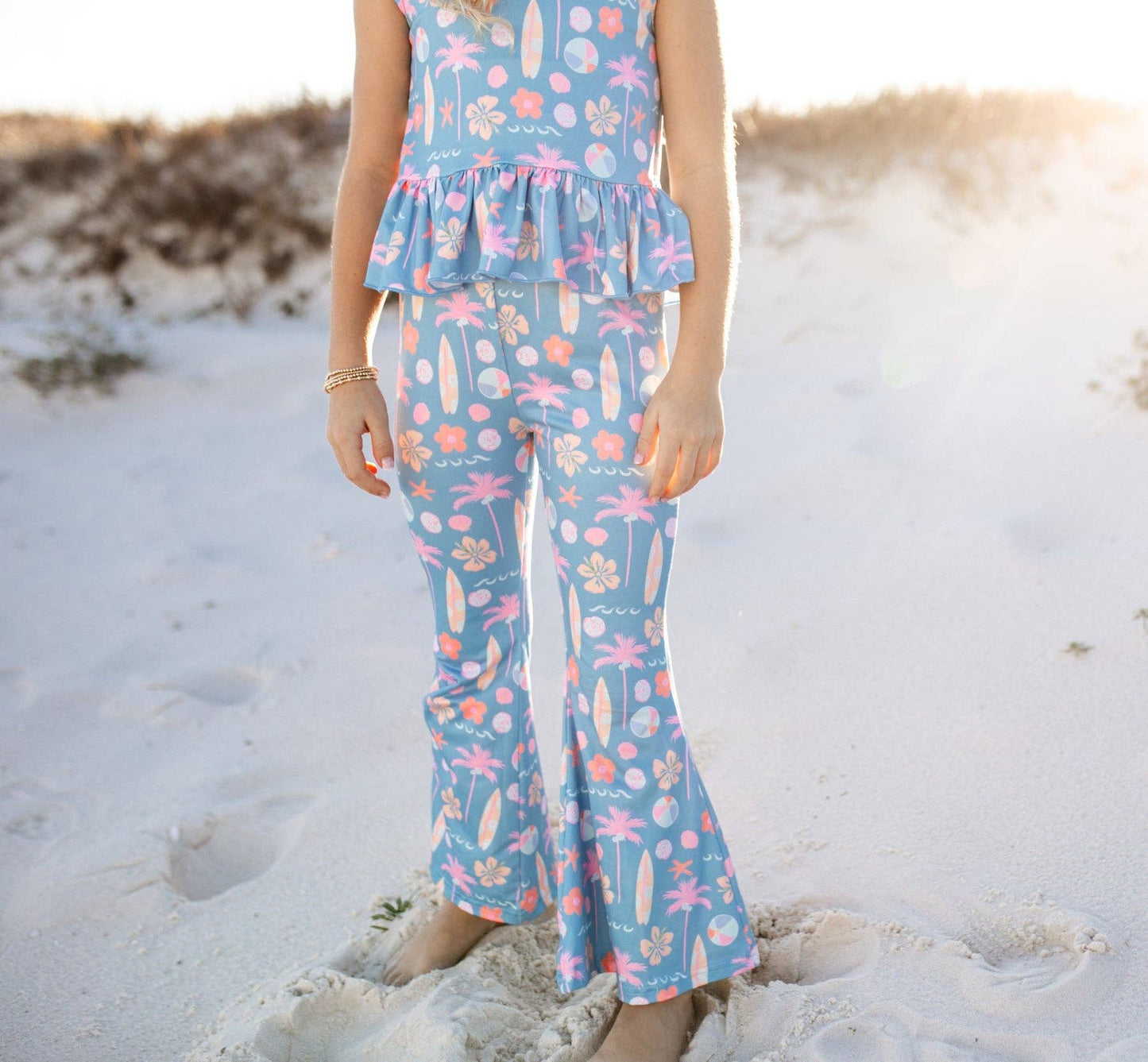 Adorable Sweetness - Kids Dusty Blue & Pink Summer Surf Print Flare Pant Set