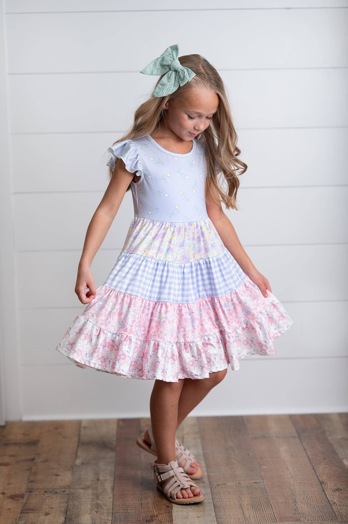 Adorable Sweetness - Girls Ava Twirl Lavender Floral Check Spring Tiered Dress