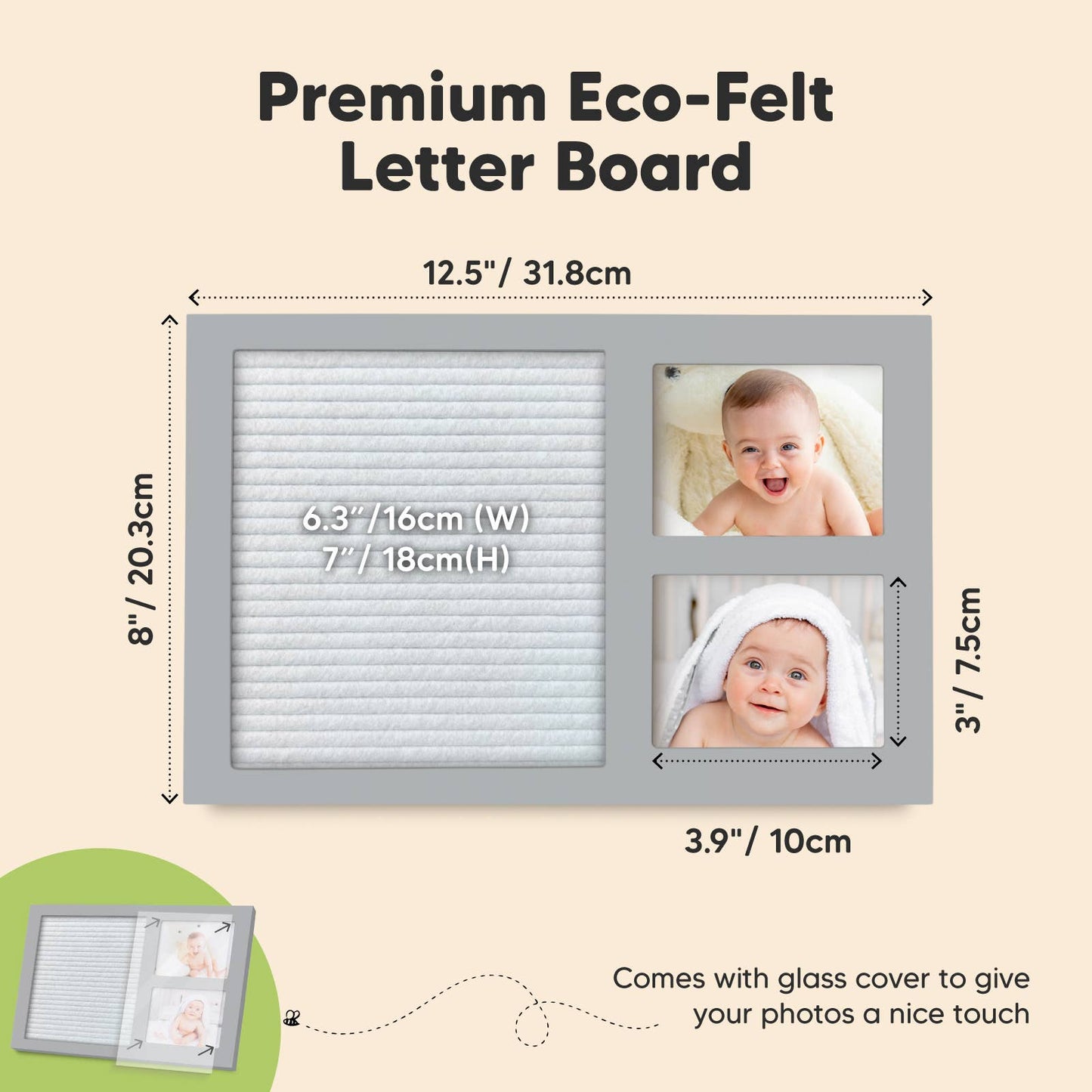 KeaBabies - KeaBabies Heartfelt Picture Frame with Felt Letterboard: Cloud Gray