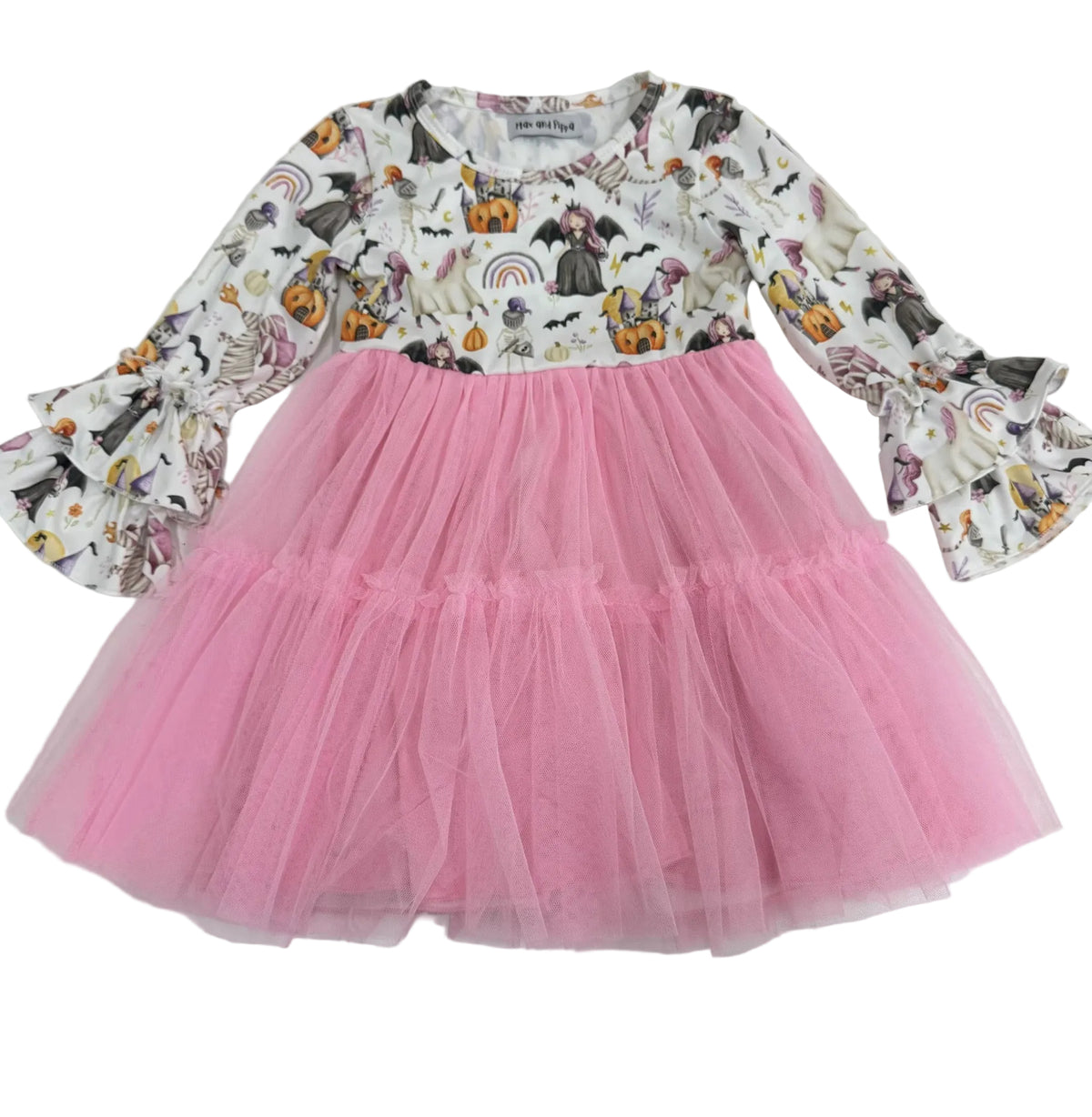 A children's dress with a white long-sleeve top featuring a colorful Halloween print of pumpkins, witches, and bats, paired with a layered pink tulle skirt.