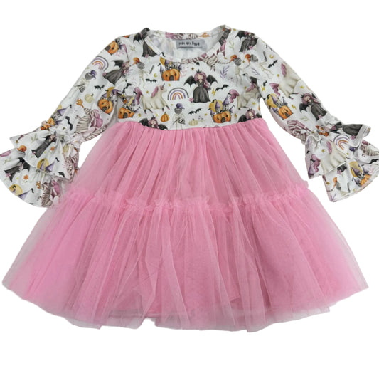 A children's dress with a white long-sleeve top featuring a colorful Halloween print of pumpkins, witches, and bats, paired with a layered pink tulle skirt.