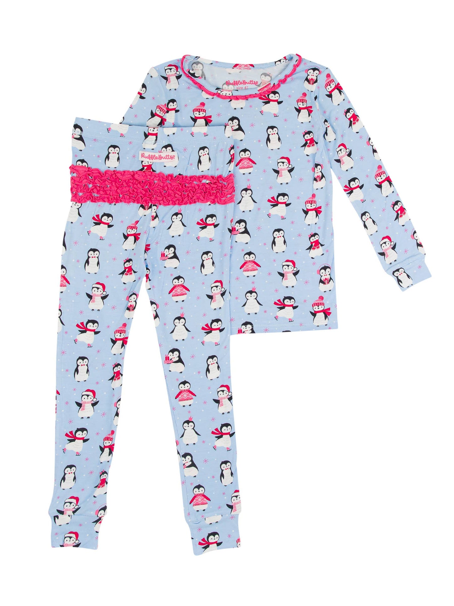 RuffleButts + RuggedButts - Toddler Girls Pink Penguin Party Bamboo Viscose Ruffle Long Sleeve Pajama Set