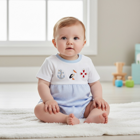 Abby & Evie - Blue Nautical Trio Embroidery Seersucker Bubble