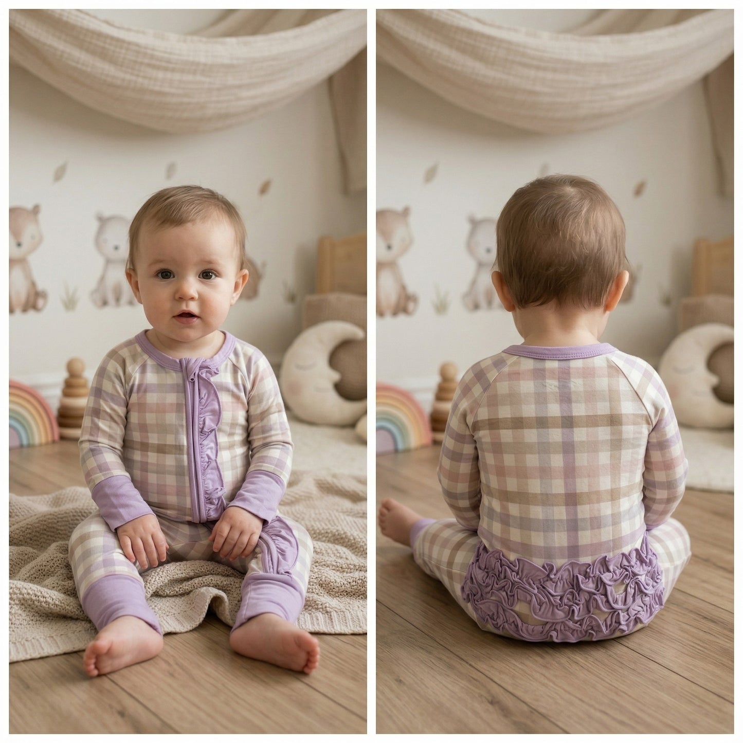 Max and Pippa - Lavender Checked Ruffle Bamboo Convertible Romper