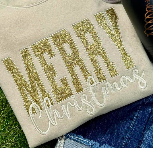 Max and Pippa - Adult Merry Christmas Gold Glitter Embroidery Sweatshirt