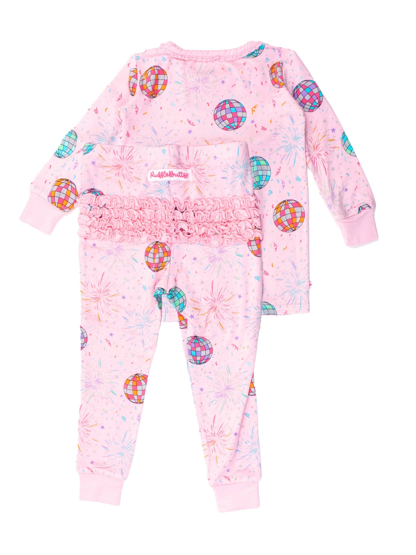 RuffleButts + RuggedButts - Toddler Girls Pink Happy New Year Bamboo Viscose Ruffle Long Sleeve Pajama Set