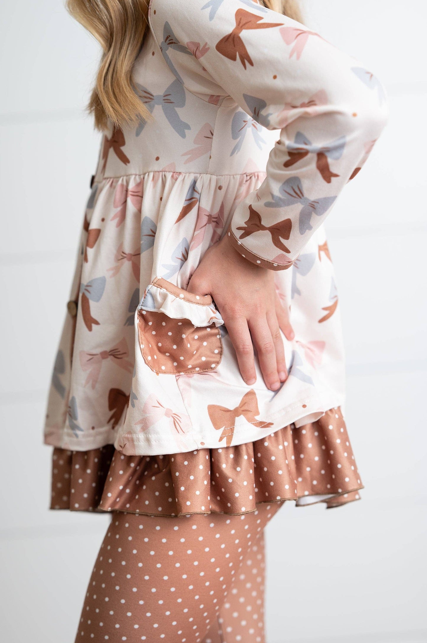 Adorable Sweetness - Girls Beige Coquette Bow Ruffle Pocket Button Legging Set