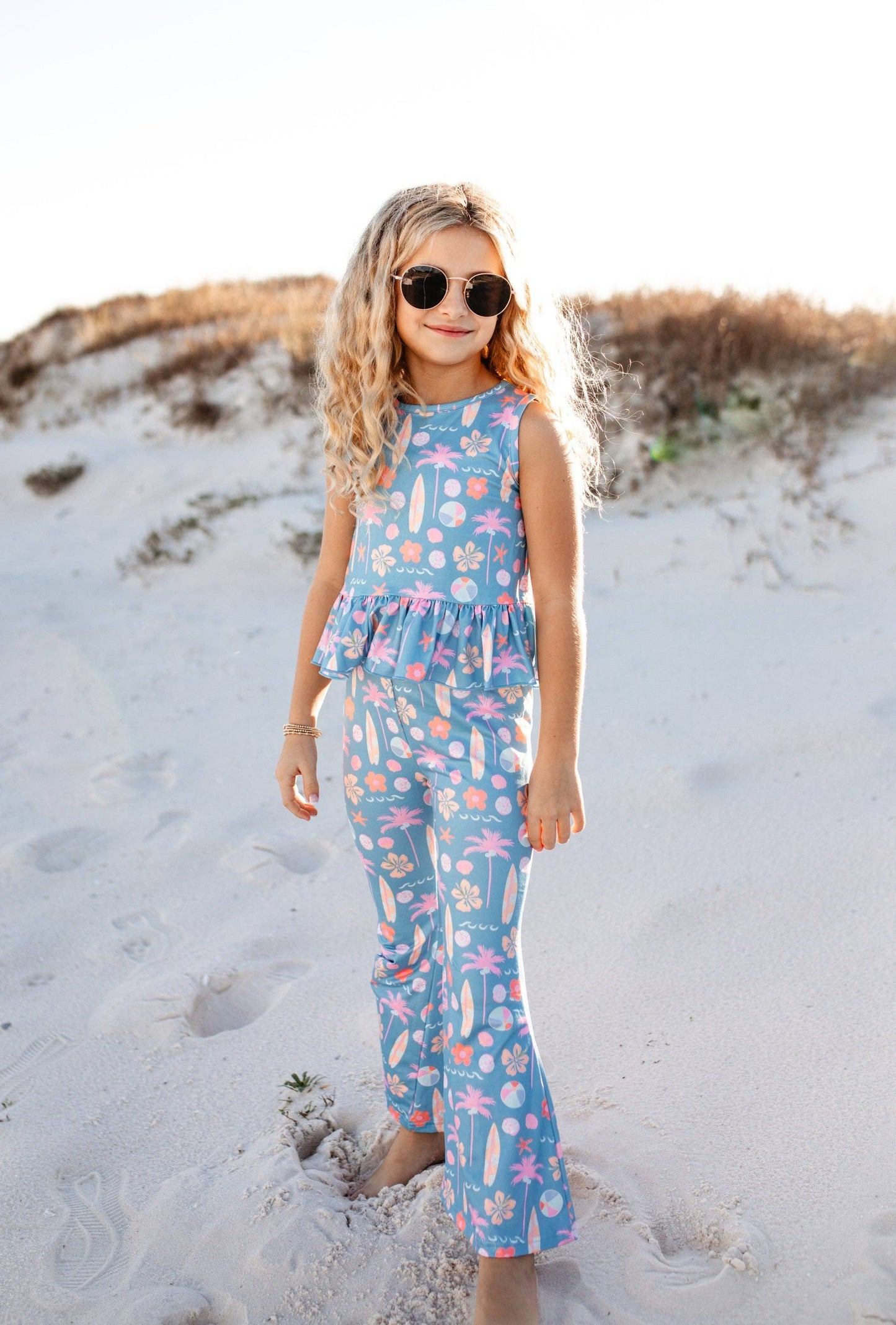 Adorable Sweetness - Kids Dusty Blue & Pink Summer Surf Print Flare Pant Set