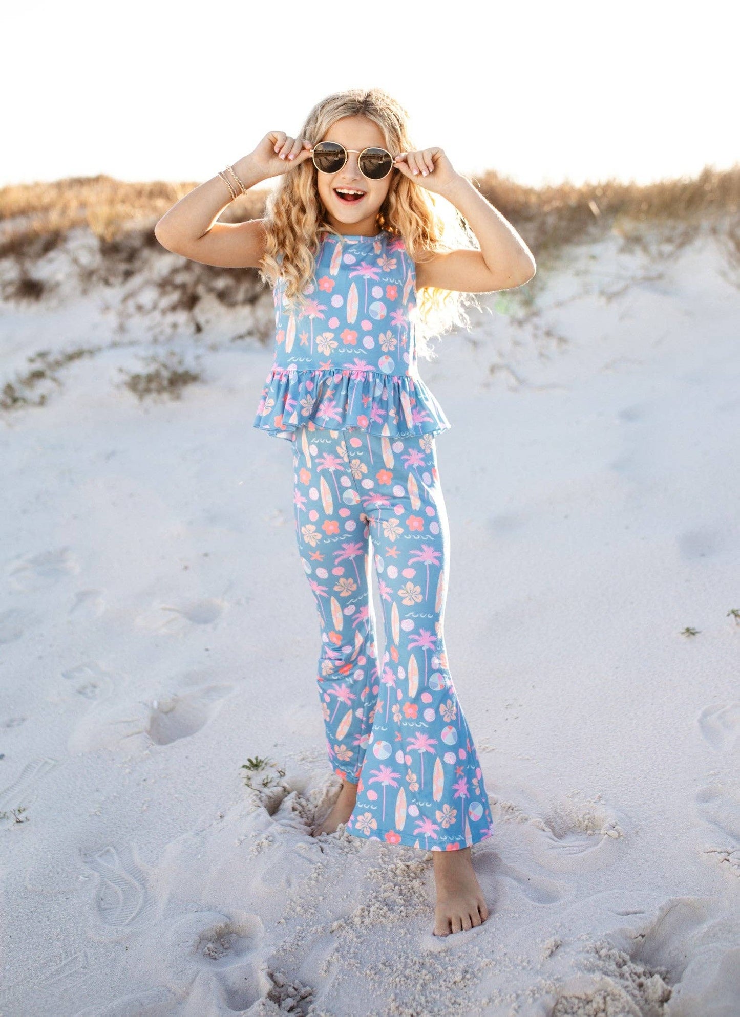 Adorable Sweetness - Kids Dusty Blue & Pink Summer Surf Print Flare Pant Set