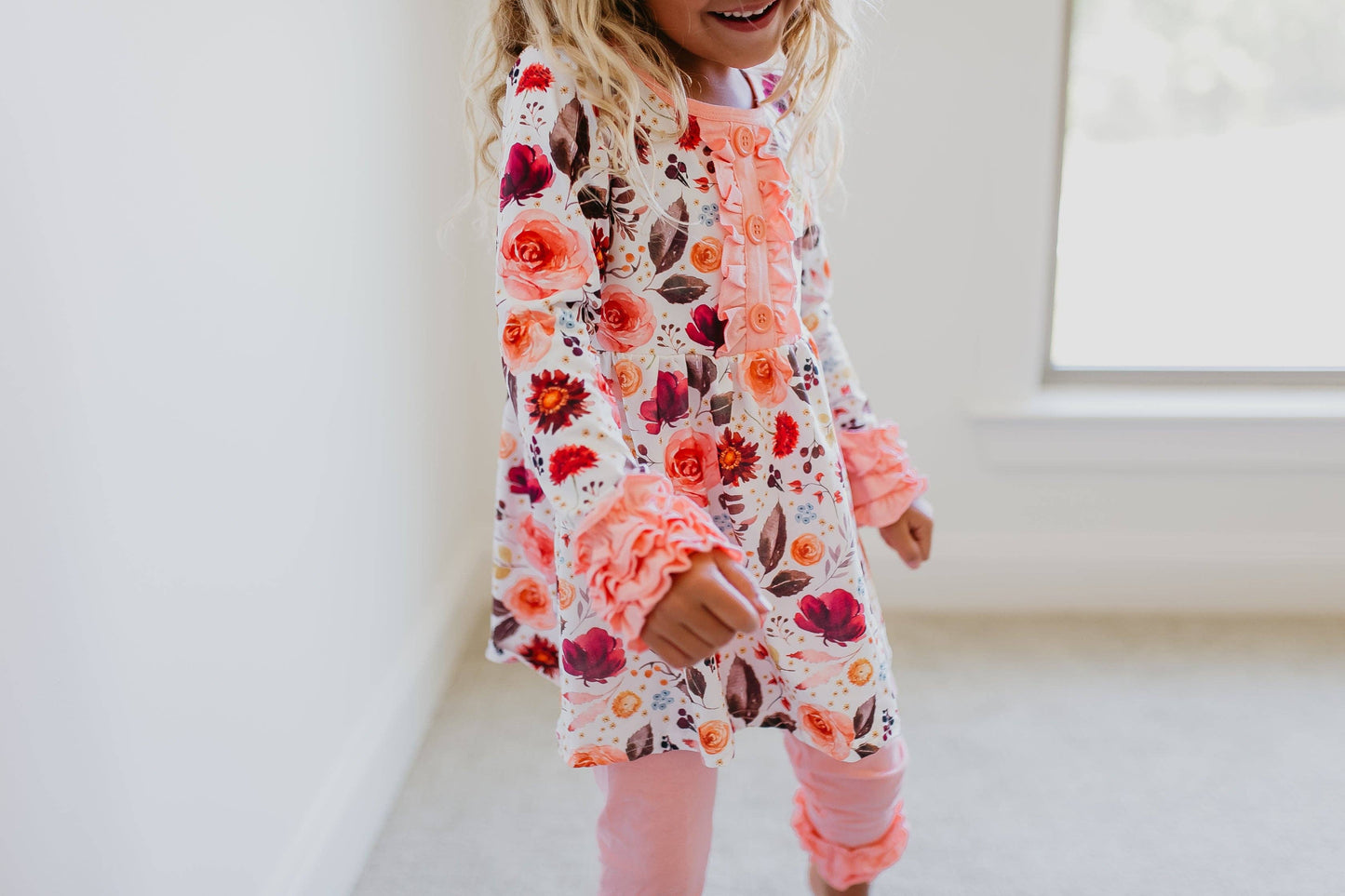 Adorable Sweetness - Kids Peach Floral Ruffle Button Two Piece Fall Pant Set