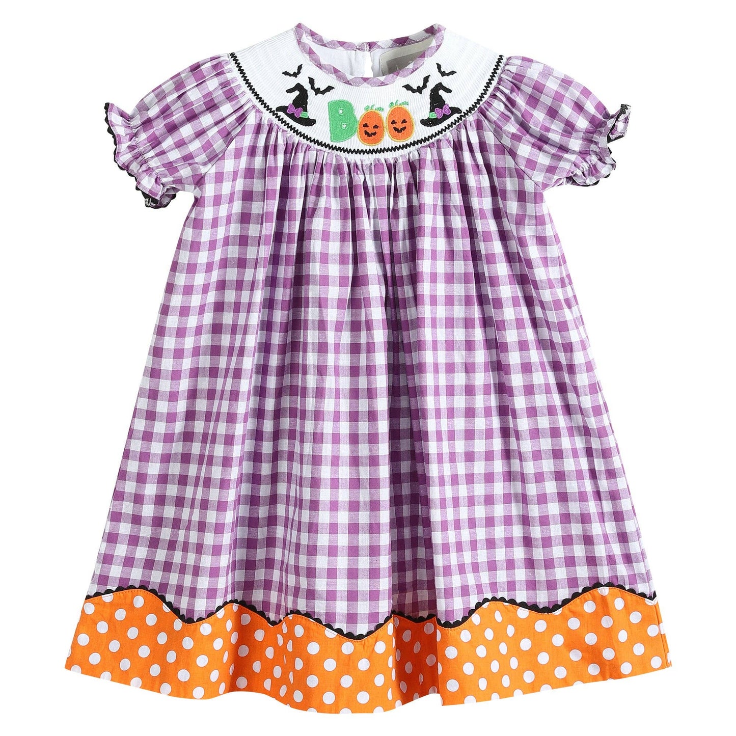 Lil Cactus - Purple Gingham Halloween Boo Smocked Bishop Dress