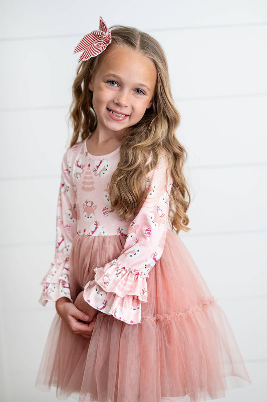 Adorable Sweetness - Kids Pink Reindeer Tulle Ruffle Sleeve Holiday Dress