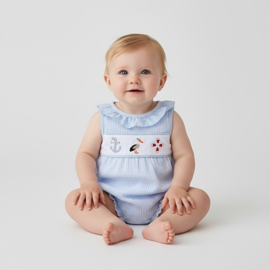 Abby & Evie - Blue Nautical Trio Embroidery Seersucker Ruffle Bubble
