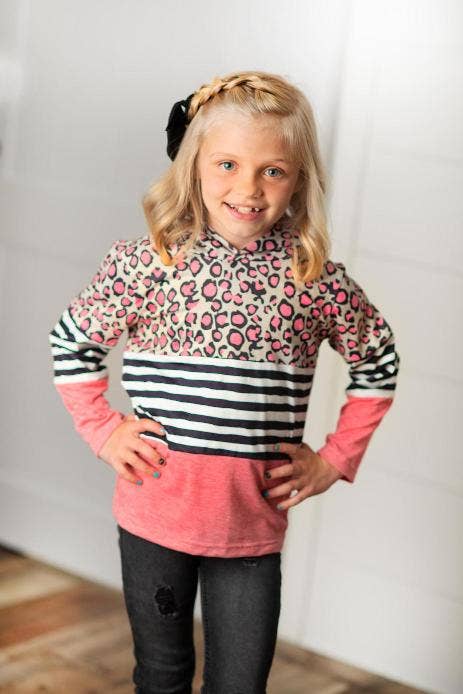 Adorable Sweetness - Kids Pink Leopard Stripe Long Sleeve Fall Hoodie Shirt