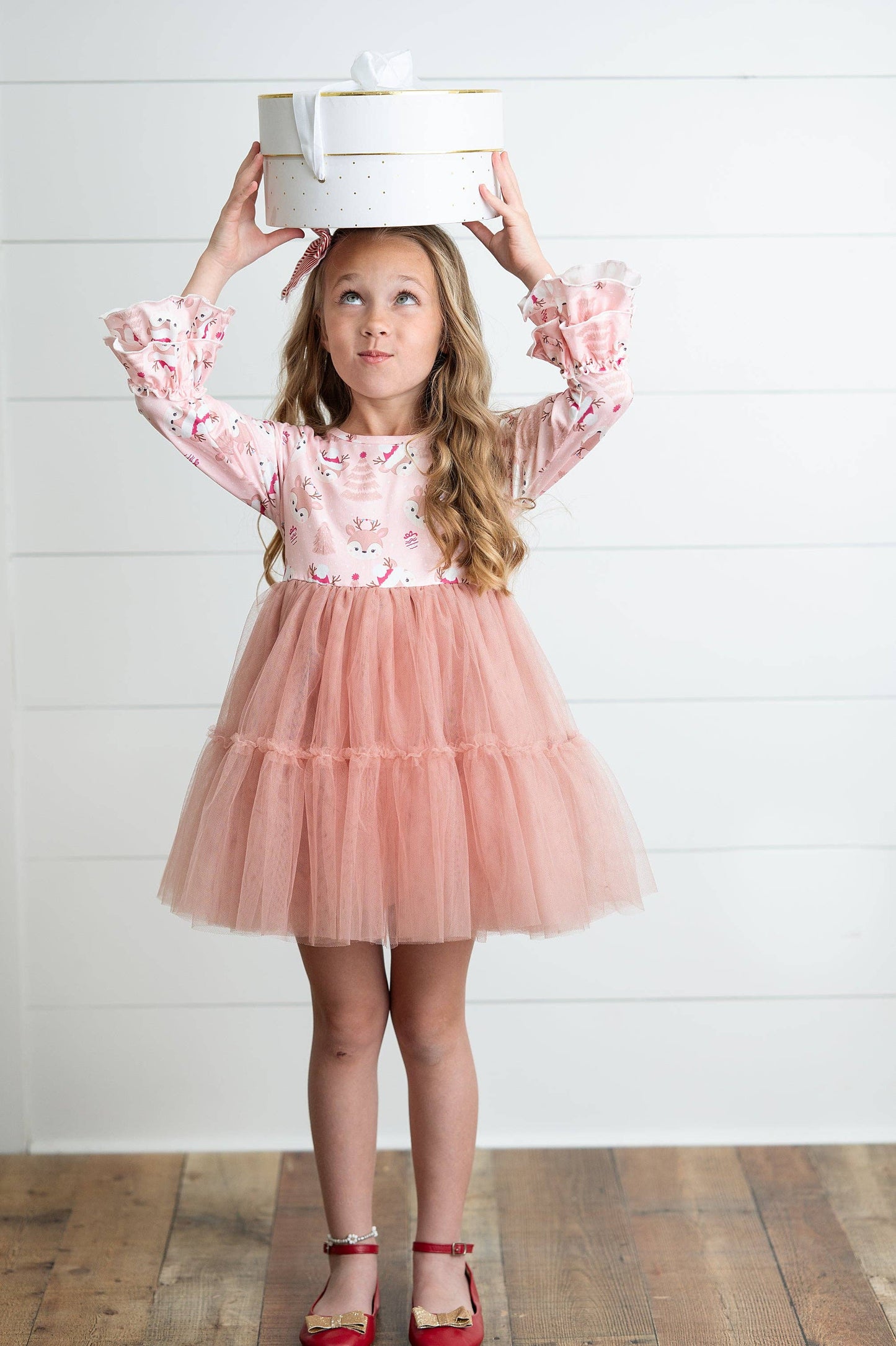Adorable Sweetness - Kids Pink Reindeer Tulle Ruffle Sleeve Holiday Dress
