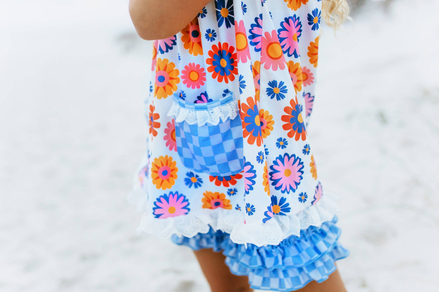 Adorable Sweetness - Girls Blue Check Flower Power Spring Summer Short Set
