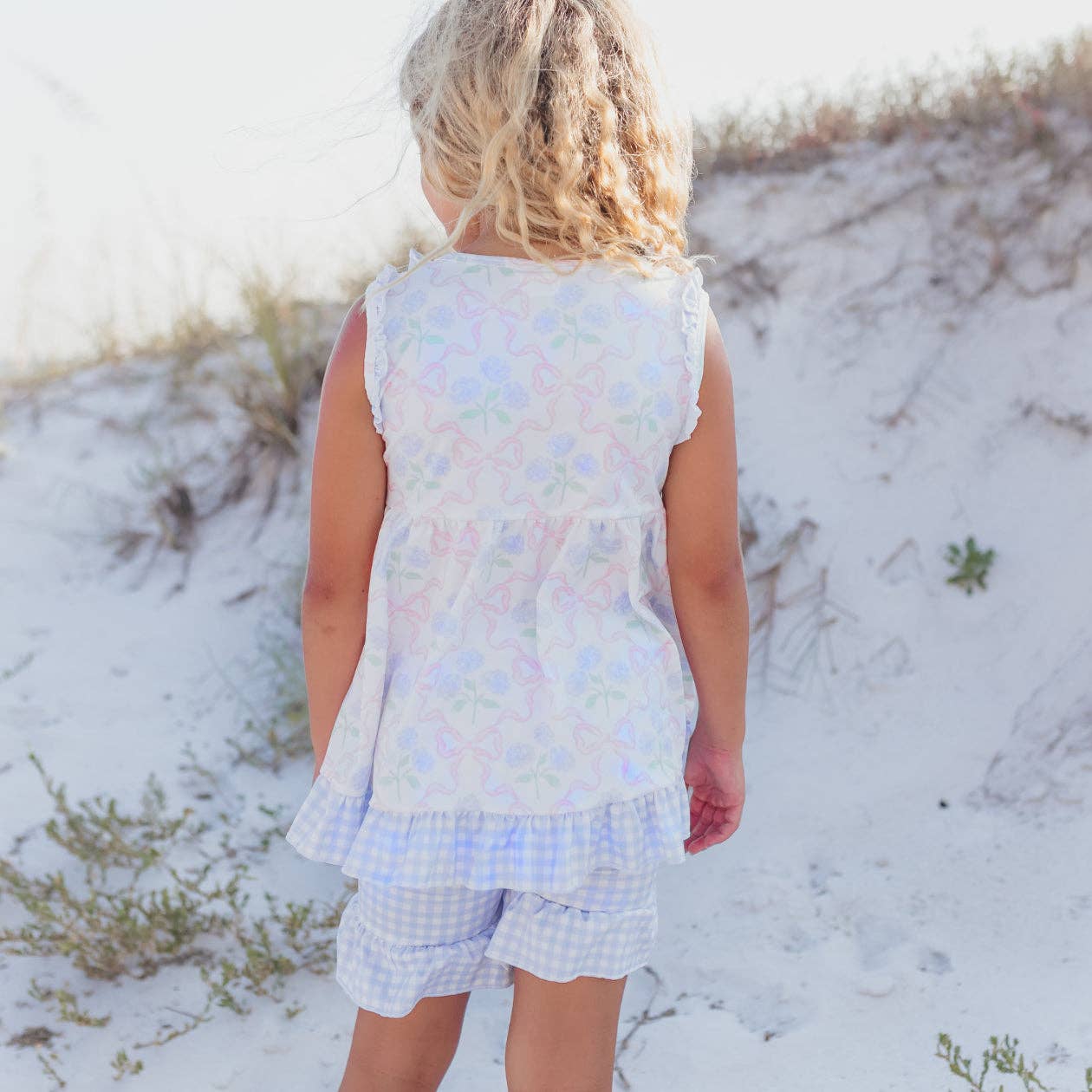 Adorable Sweetness - Girls Lavender Check & Pink Bow Pocket Ruffle Short Set