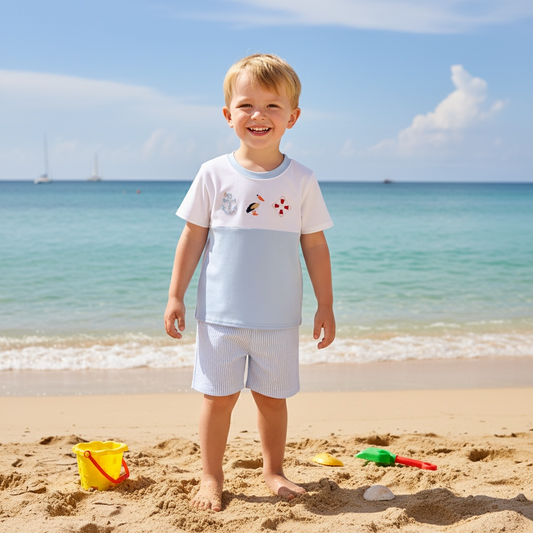 Abby & Evie - Blue Nautical Trio Embroidery Boy Shorts Set
