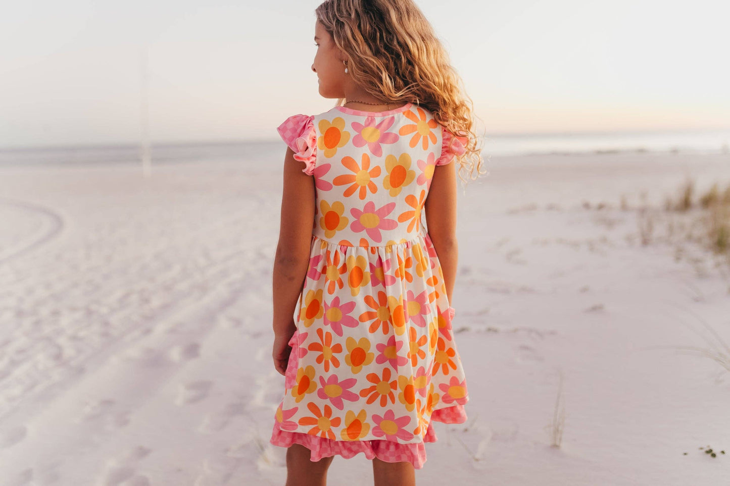Adorable Sweetness - Girls Pink & Tangerine Retro Flower Check Pocket Dress