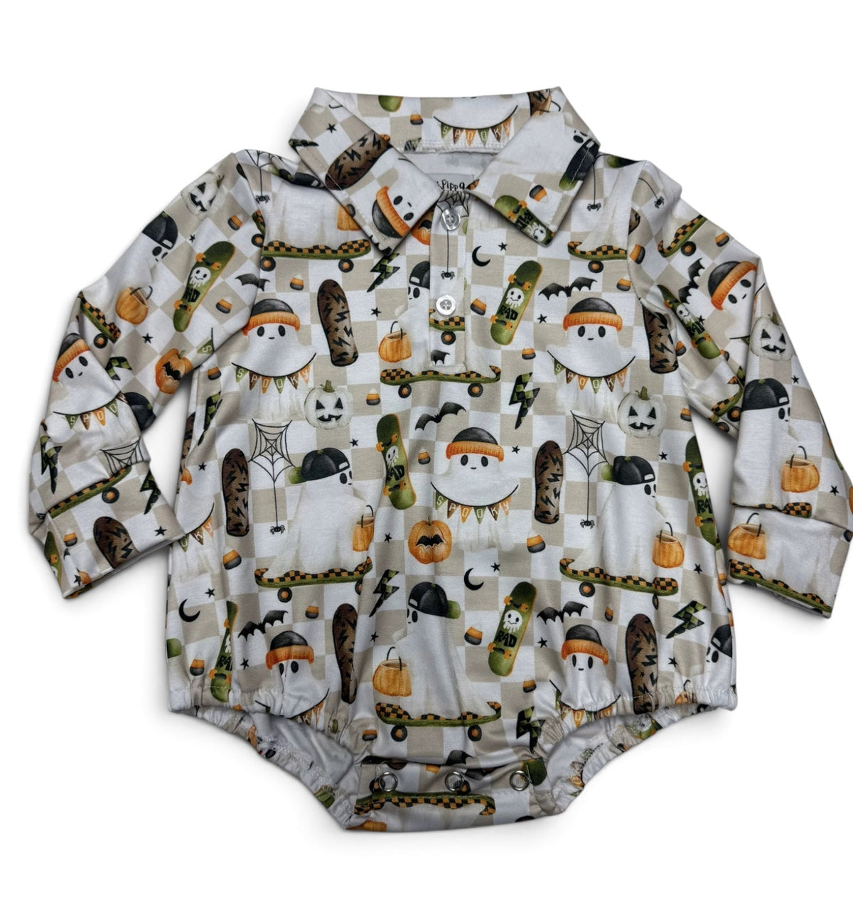 A baby long-sleeve collared romper with a white base and an all-over Halloween print featuring ghosts, pumpkins, bats, and skateboards.