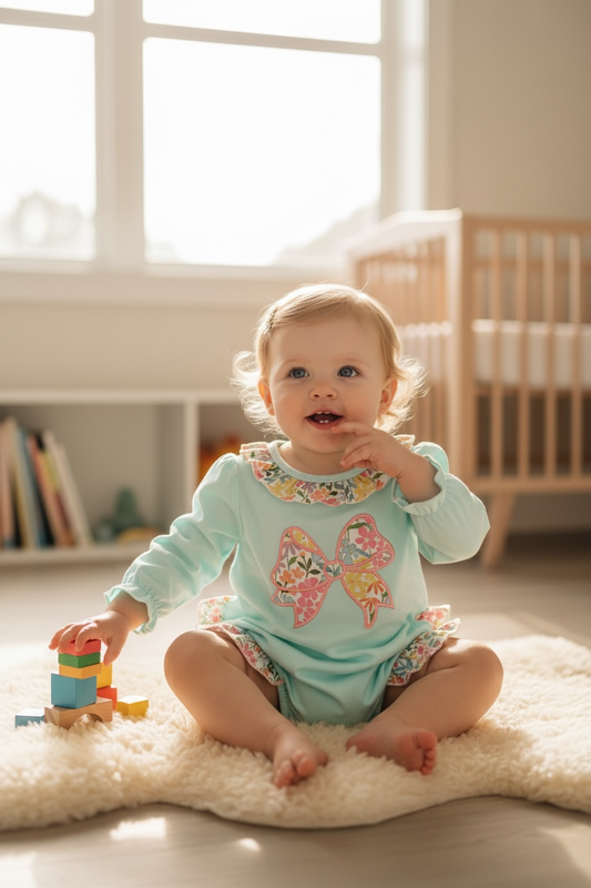 Max and Pippa - Blue Bow Floral Applique Ruffle Bubble