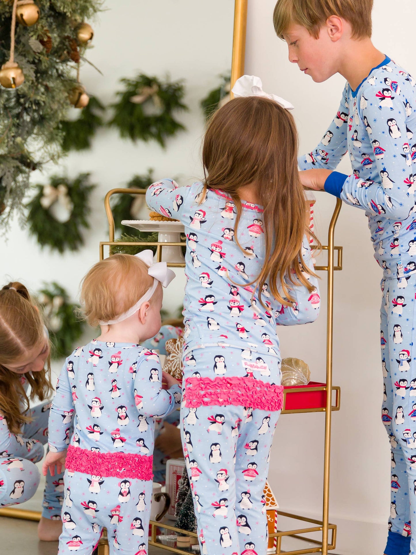 RuffleButts + RuggedButts - Toddler Girls Pink Penguin Party Bamboo Viscose Ruffle Long Sleeve Pajama Set