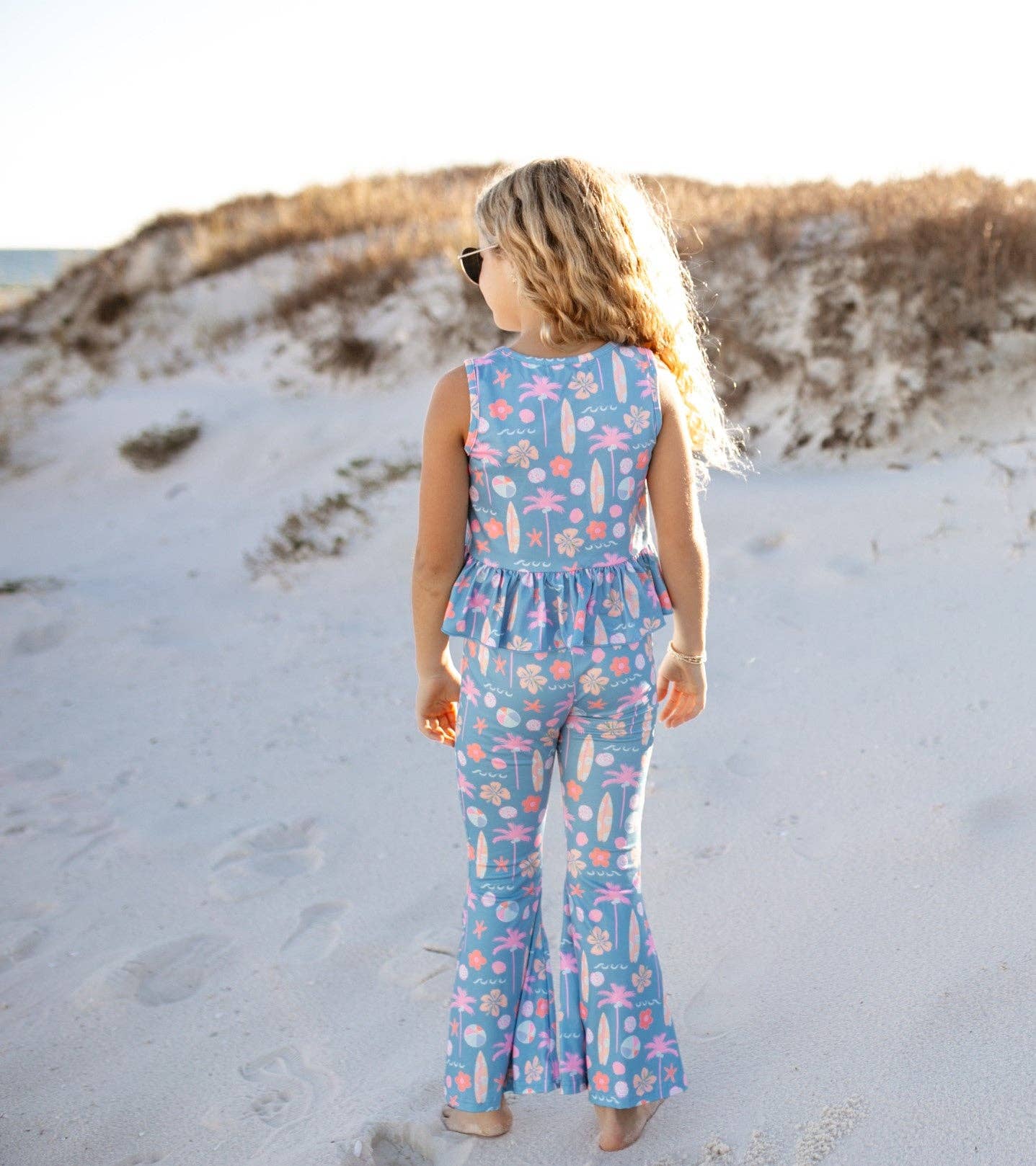 Adorable Sweetness - Kids Dusty Blue & Pink Summer Surf Print Flare Pant Set